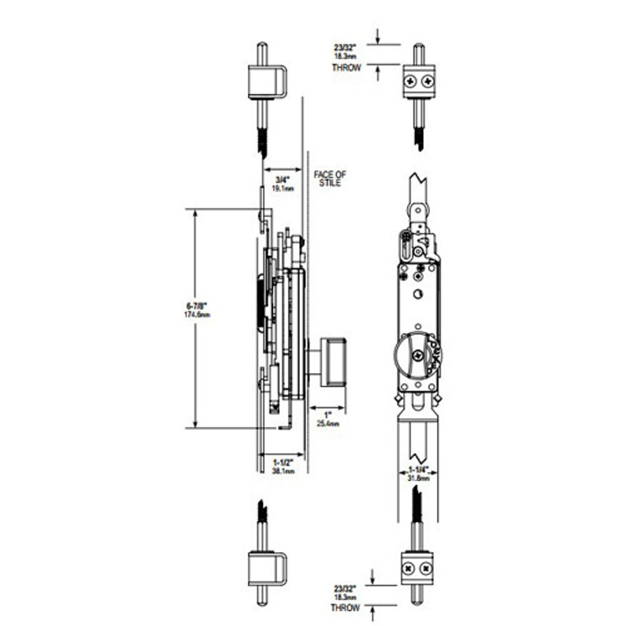 MS2180-07-121 Adams Rite Flushbolt Dimensional View