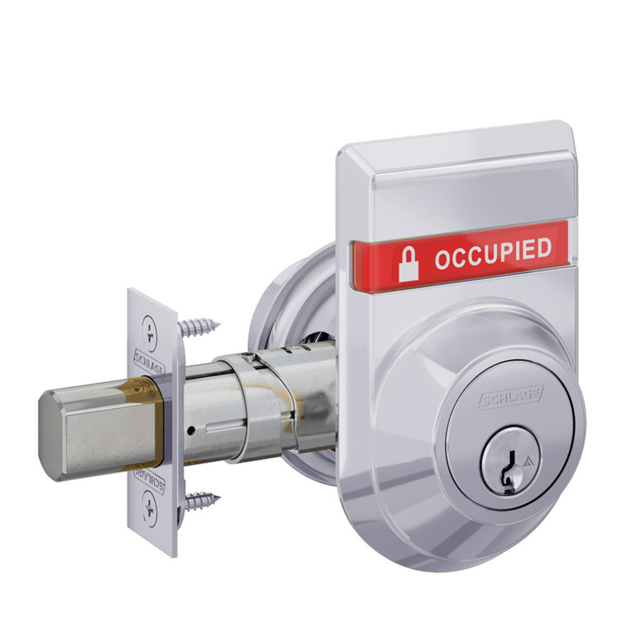 B663B-625-OS-OCC Schlage Grade 3 Classroom Deadbolt, Keyed Outside - Classroom Thumbturn Inside, SFIC Prep, Less Core, Outside Indicator in Bright Chrome