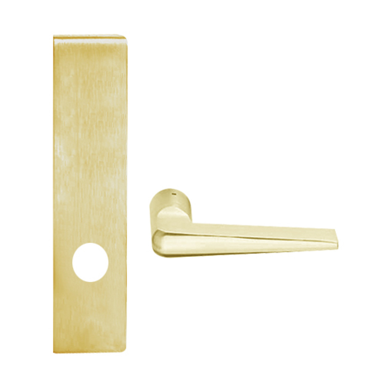 L9010-05L-605-RX Schlage L Series Passage Latch Commercial N Escutcheon, Request to Exit, Mortise Lock with 05 Cast Lever Design in Bright Brass