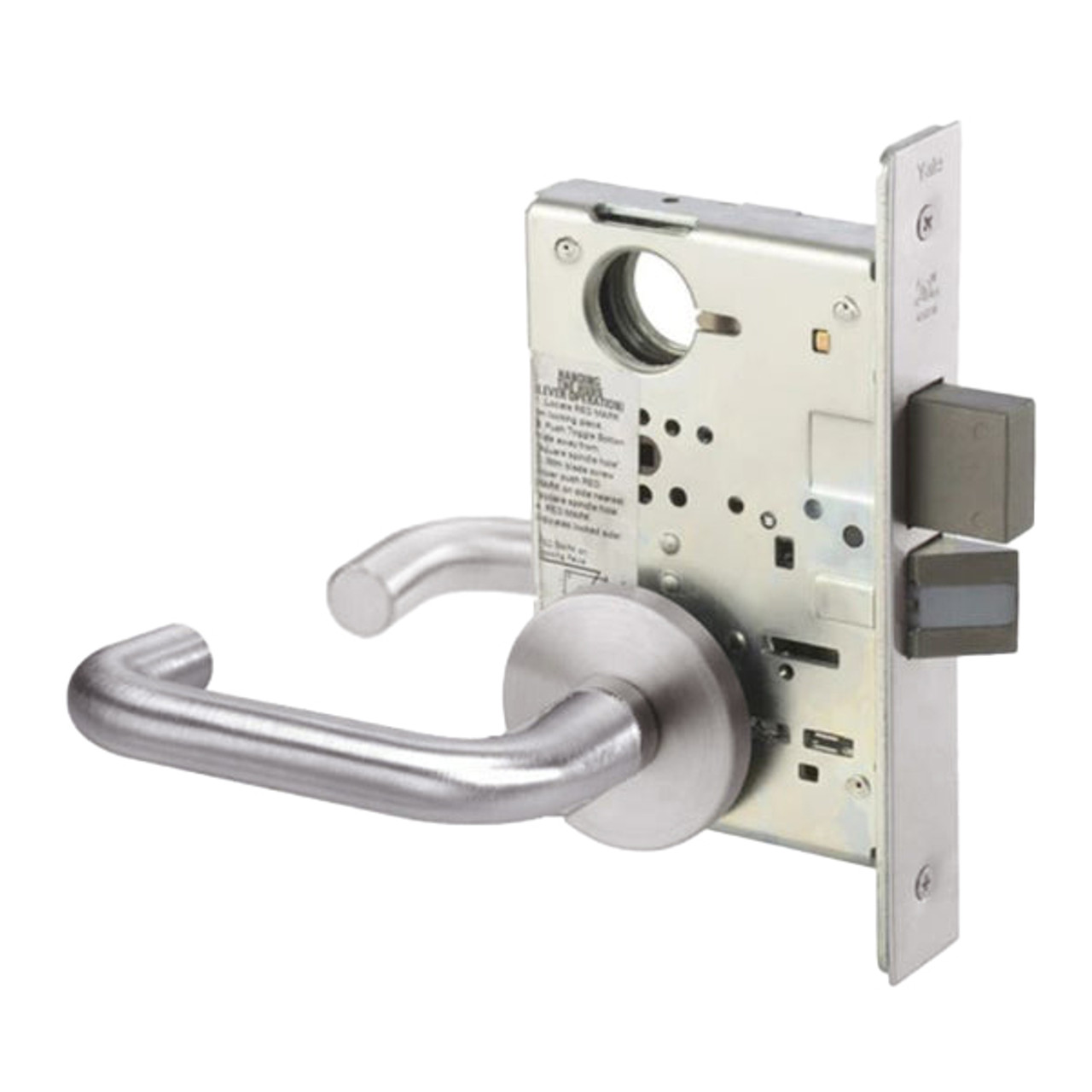 CRR8823FL-630-LC Yale 8800FL Series Less Cylinder with Deadbolt Mortise Storeroom Lock with Indicator with Carmel Lever in Satin Stainless Steel