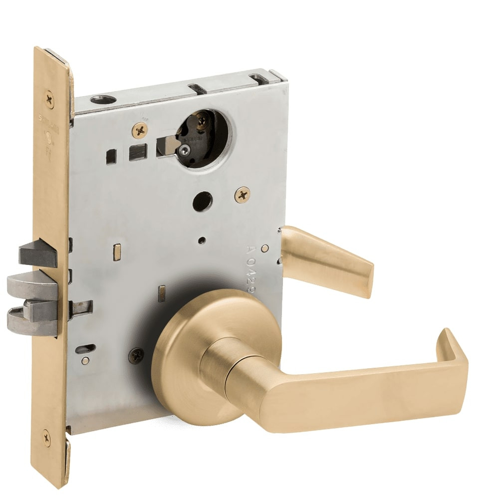 L9050L-06B-606-RX Schlage L Series Less Cylinder Entrance Commercial - Request to Exit Mortise Lock with 06 Cast Lever - B Rose Design in Satin Brass