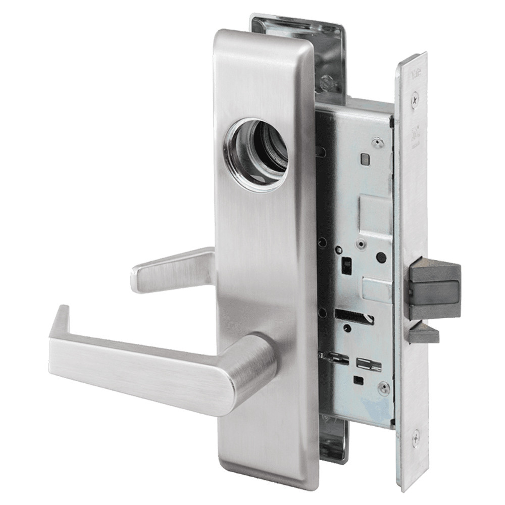 AUCN8824FL-629-LC Yale 8800FL Series Less Cylinder Mortise Hold Back Locks with Augusta Lever in Bright Stainless Steel