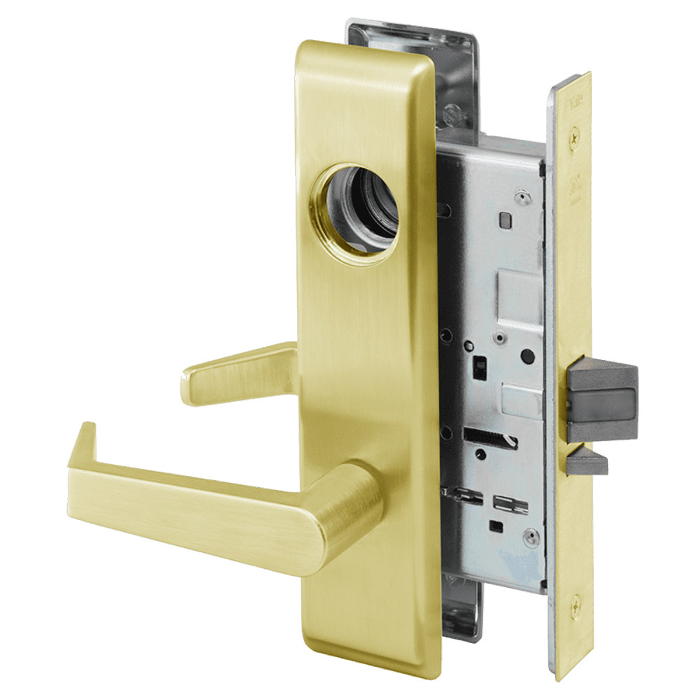 AUCN8833FL-605-LC Yale 8800FL Series Less Cylinder Mortise Exit Locks with Augusta Lever in Bright Brass