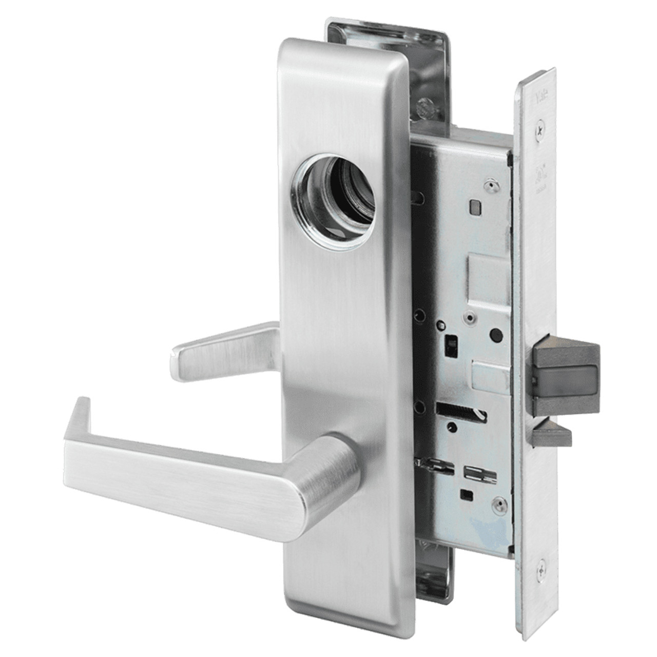 AUCN8864FL-619-LC Yale 8800FL Series Less Cylinder Mortise Bathroom Lock with Indicator with Augusta Lever in Satin Nickel