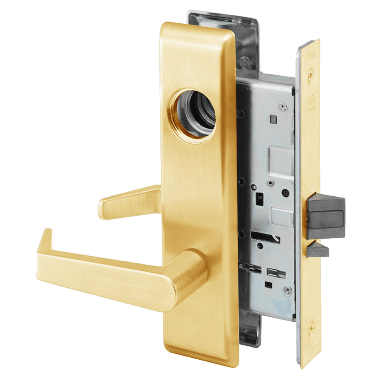 AUCN8860FL-606-LC Yale 8800FL Series Less Cylinder with Deadbolt Mortise Entrance or Storeroom Lock with Indicator with Augusta Lever in Satin Brass