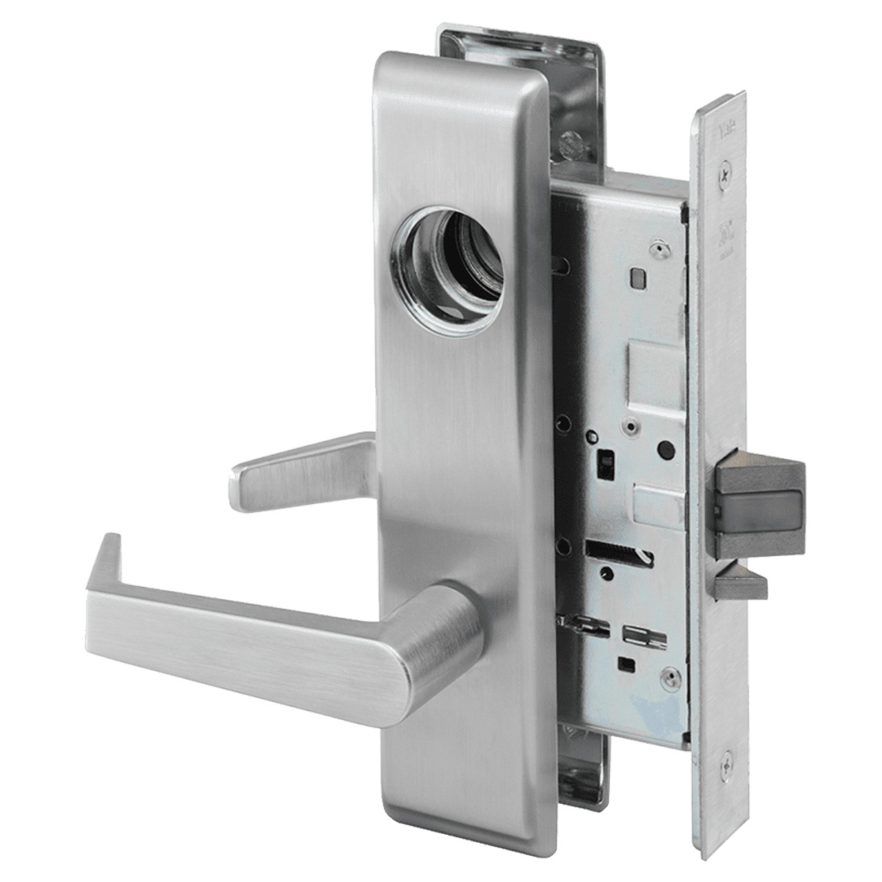 AUCN8860FL-625-LC Yale 8800FL Series Less Cylinder with Deadbolt Mortise Entrance or Storeroom Lock with Indicator with Augusta Lever in Bright Chrome