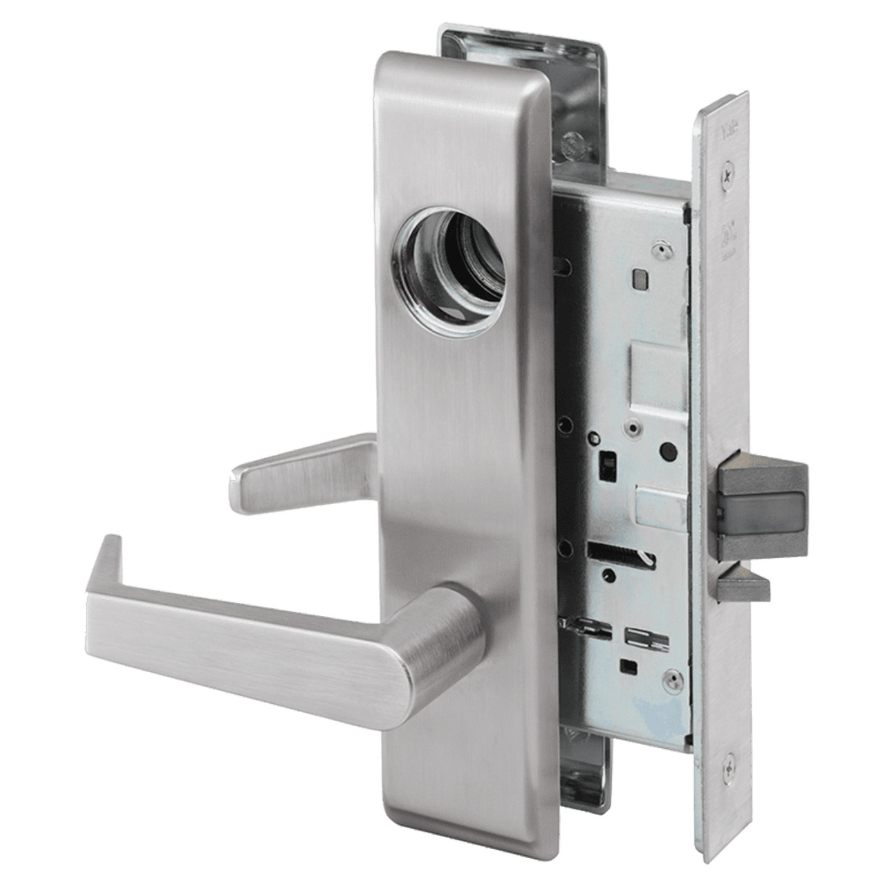AUCN8861FL-630-LC Yale 8800FL Series Less Cylinder with Deadbolt Mortise Dormitory or Storeroom Lock with Indicator with Augusta Lever in Satin Stainless Steel