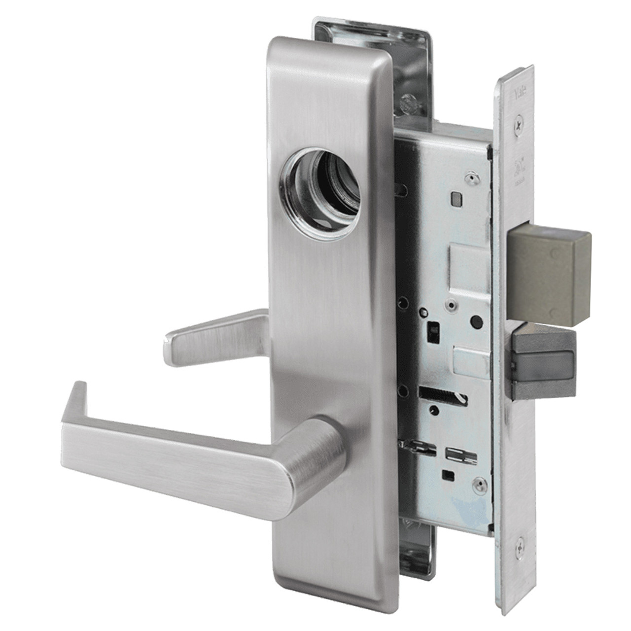 AUCN8808-2FL-630-LC Yale 8800FL Series Less Cylinder Mortise Classroom Locks with Augusta Lever in Satin Stainless Steel