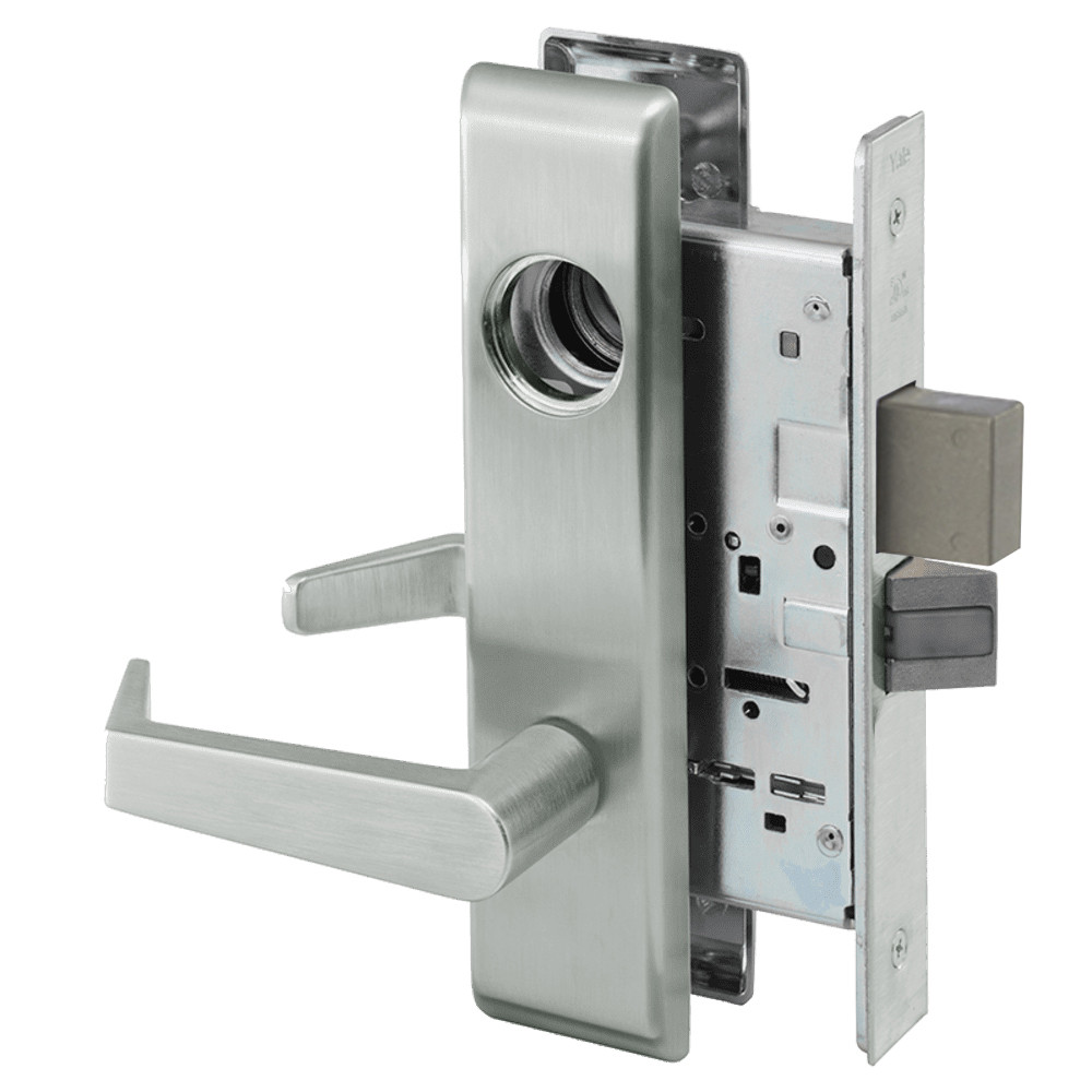 AUCN8811-2FL-618-LC Yale 8800FL Series Less Cylinder Mortise Classroom Deadbolt Locks with Augusta Lever in Bright Nickel