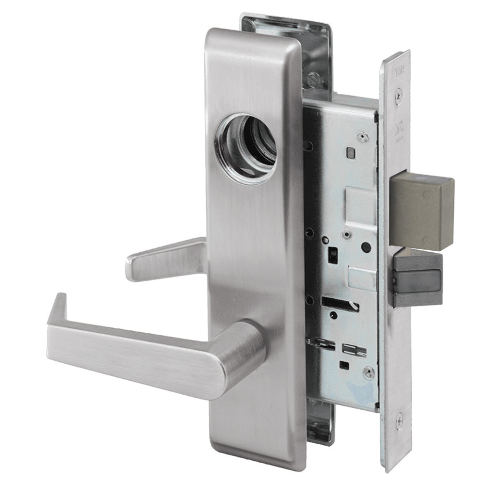 AUCN8812-2FL-630-LC Yale 8800FL Series Less Cylinder Mortise Classroom Security Deadbolt Locks with Augusta Lever in Satin Stainless Steel