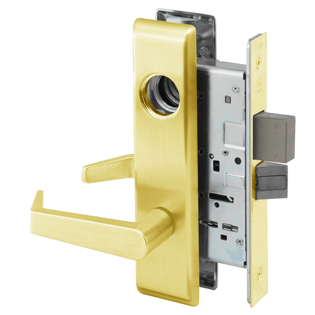AUCN8860-2FL-626-LC Yale 8800FL Series Less Cylinder with Deadbolt Mortise Entrance or Storeroom Lock with Indicator with Augusta Lever in Satin Chrome