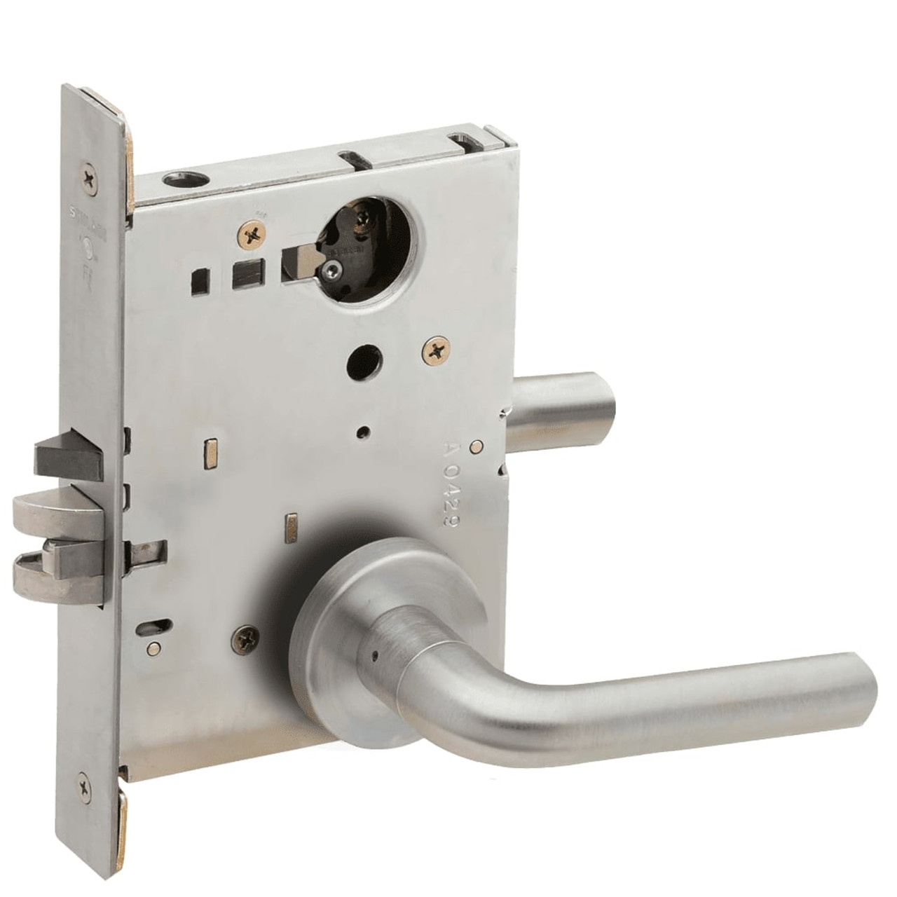 L9050L-02A-630-LX Schlage L Series Less Cylinder Entrance Commercial - Latchbolt Monitor Mortise Lock with 02 Cast Lever - A Rose Design in Satin Stainless Steel