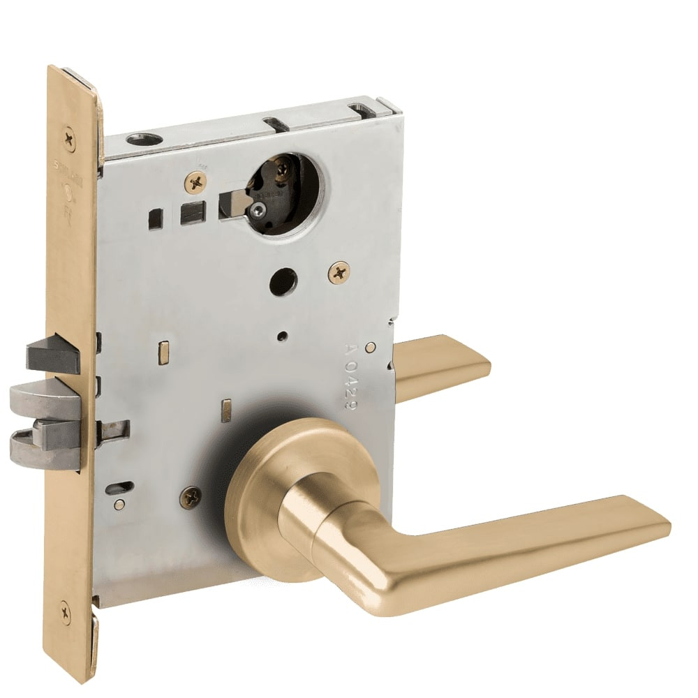 L9050L-05A-606-LX Schlage L Series Less Cylinder Entrance Commercial - Latchbolt Monitor Mortise Lock with 05 Cast Lever - A Rose Design in Satin Brass