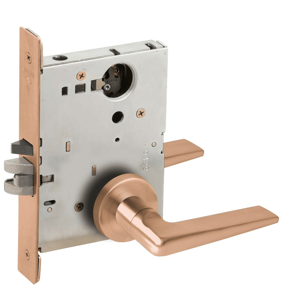 L9050L-05A-612-LX Schlage L Series Less Cylinder Entrance Commercial - Latchbolt Monitor Mortise Lock with 05 Cast Lever - A Rose Design in Satin Bronze