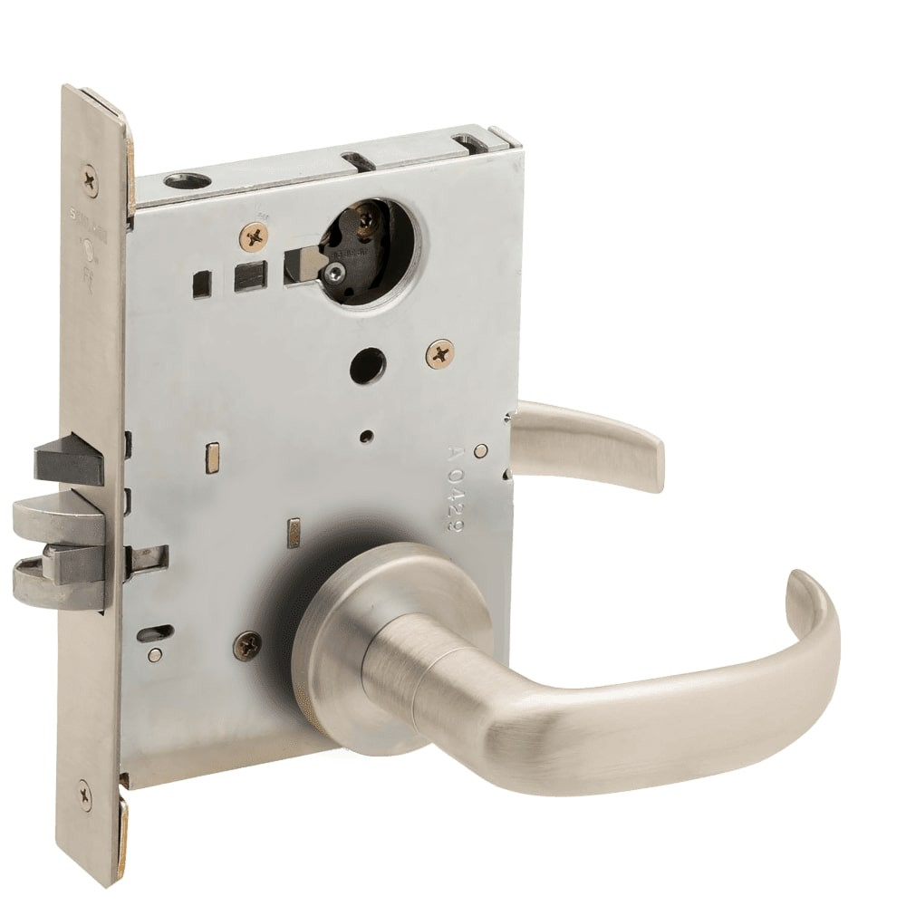 L9050L-17A-619-LX Schlage L Series Less Cylinder Entrance Commercial - Latchbolt Monitor Mortise Lock with 17 Cast Lever - A Rose Design in Satin Nickel