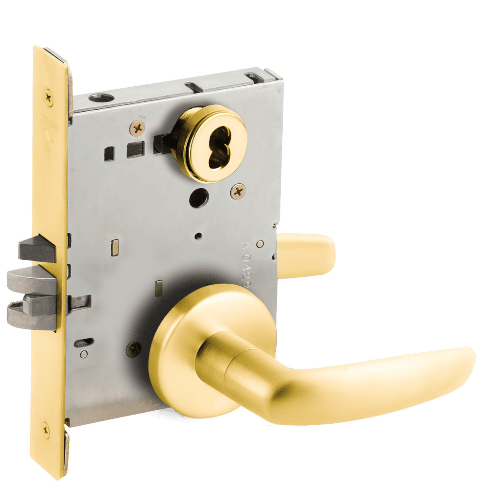 L9050J-07B-605-RX Schlage L Series Entrance Commercial - Request to Exit Mortise Lock with 07 Cast Lever - B Rose Design Prepped for FSIC in Bright Brass