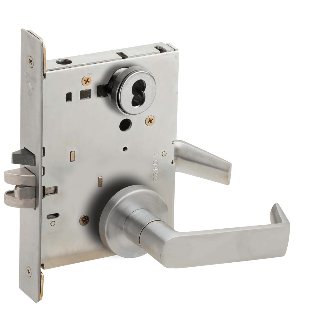 L9050J-06A-630-LX Schlage L Series Entrance Commercial - Request to Exit Mortise Lock with 06 Cast Lever - A Rose Design Prepped for FSIC in Satin Stainless Steel