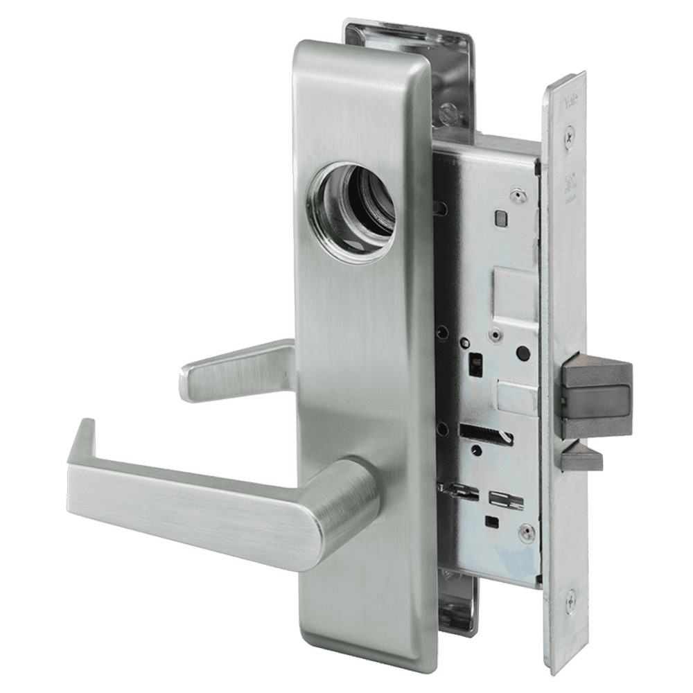 AUCN8860FL-618-ICLC Yale 8800FL Series Single Cylinder with Deadbolt Mortise Entrance or Storeroom Lock with Indicator with Augusta Lever Lock Prepped LFIC in Bright Nickel