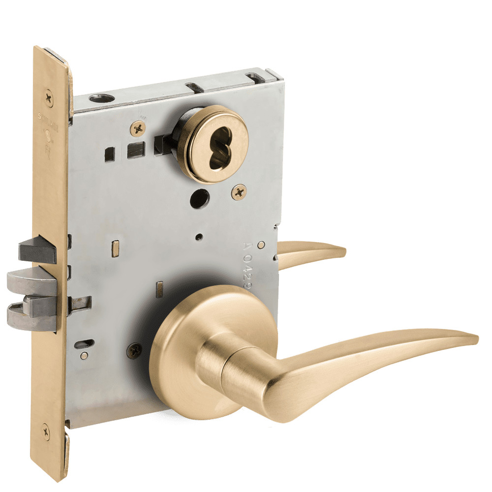 L9050J-12B-606-RH-RX Schlage L Series Entrance Commercial - Request to Exit Mortise Lock with 12 Cast Lever - B Rose Design Prepped for FSIC in Satin Brass