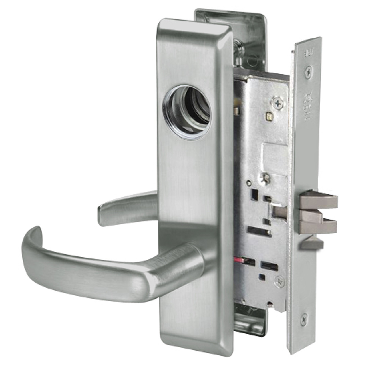 PBCN8822FL-619-LC Yale 8800FL Series Less Cylinder with Deadbolt Mortise Bathroom Lock with Indicator with Pacific Beach Lever in Satin Nickel