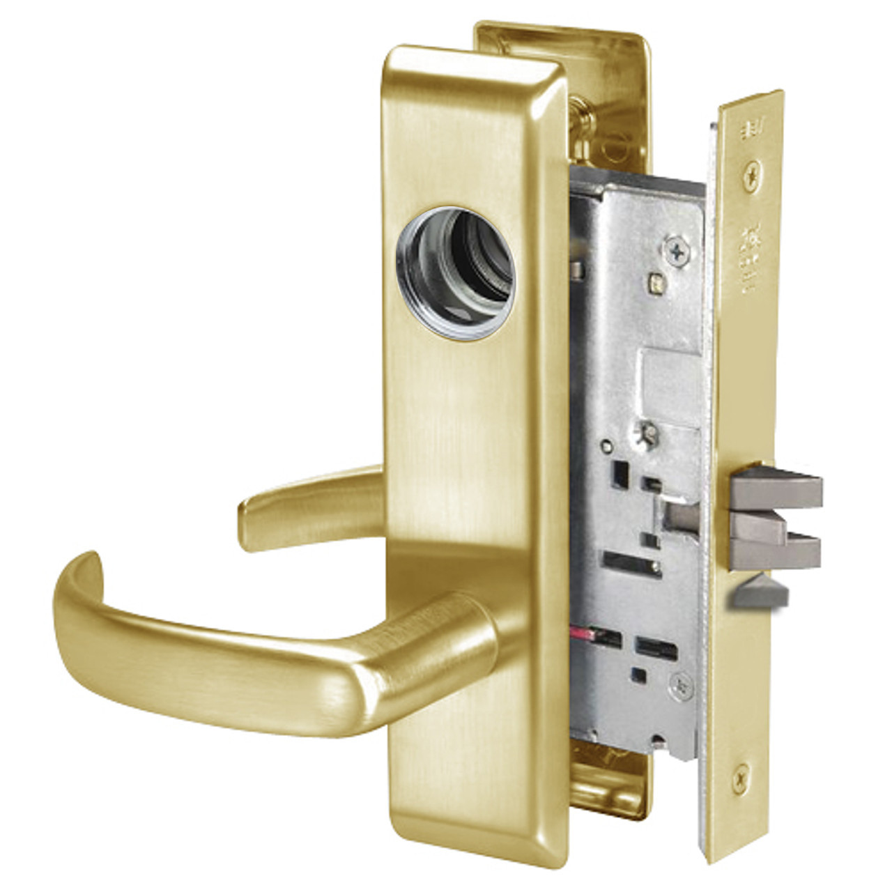 PBCN8823FL-606-LC Yale 8800FL Series Less Cylinder with Deadbolt Mortise Storeroom Lock with Indicator with Pacific Beach Lever in Satin Brass