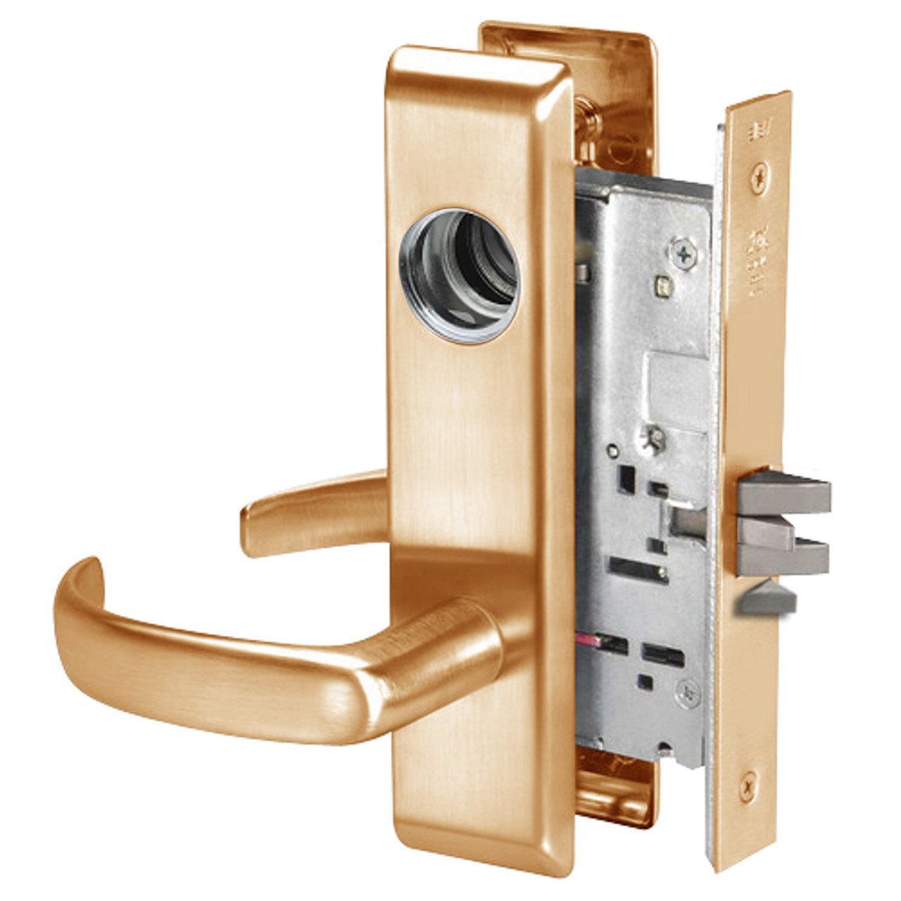 PBCN8823FL-612-LC Yale 8800FL Series Less Cylinder with Deadbolt Mortise Storeroom Lock with Indicator with Pacific Beach Lever in Satin Bronze