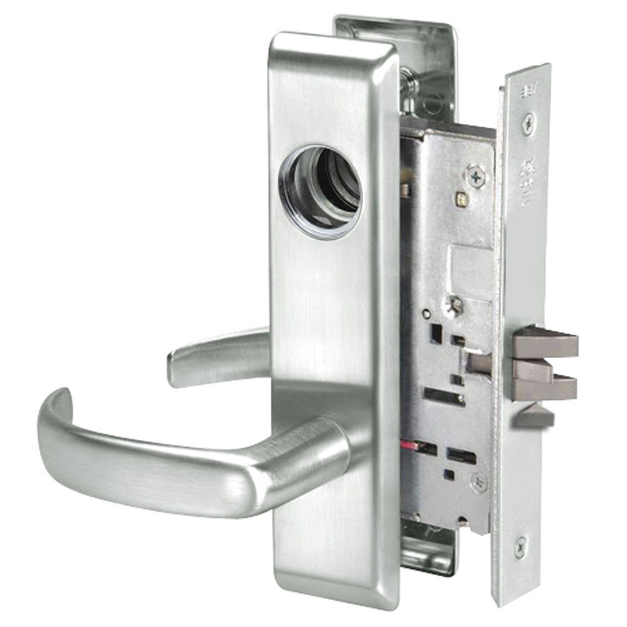PBCN8823FL-618-LC Yale 8800FL Series Less Cylinder with Deadbolt Mortise Storeroom Lock with Indicator with Pacific Beach Lever in Bright Nickel