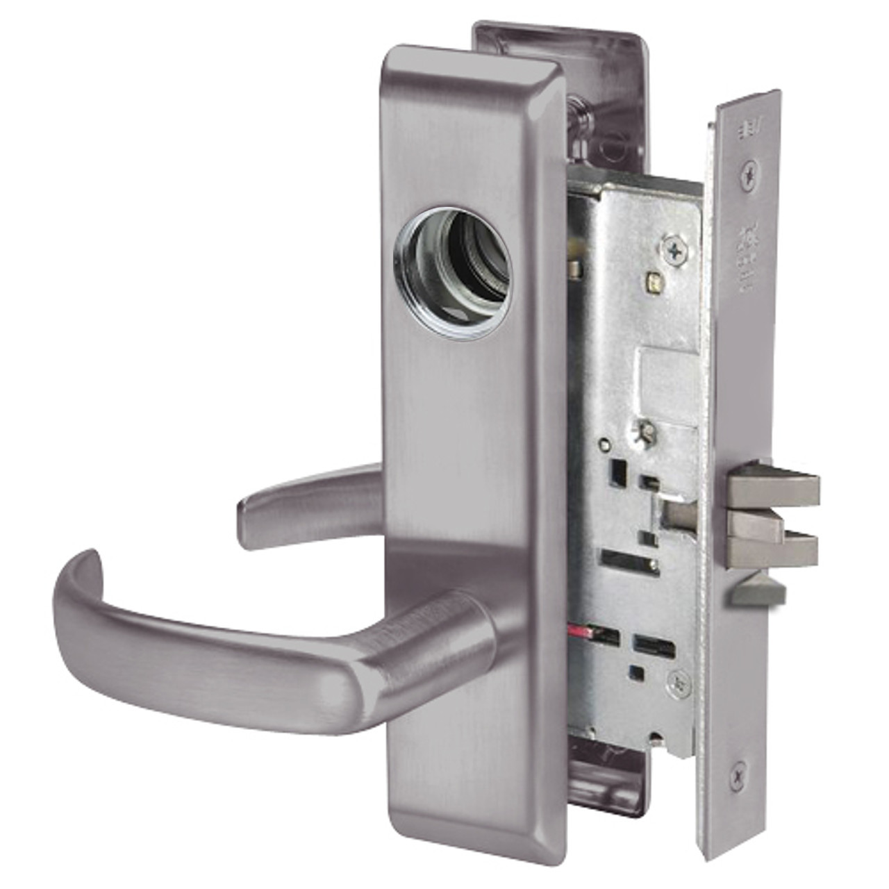 PBCN8823FL-630-LC Yale 8800FL Series Less Cylinder with Deadbolt Mortise Storeroom Lock with Indicator with Pacific Beach Lever in Satin Stainless Steel