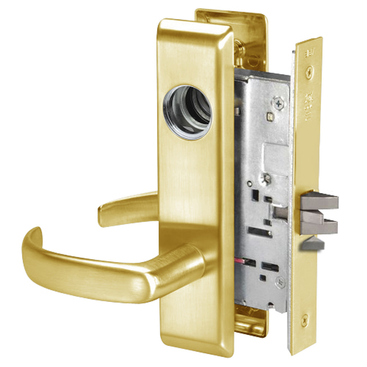 PBCN8860FL-605-LC Yale 8800FL Series Less Cylinder with Deadbolt Mortise Entrance or Storeroom Lock with Indicator with Pacific Beach Lever in Bright Brass