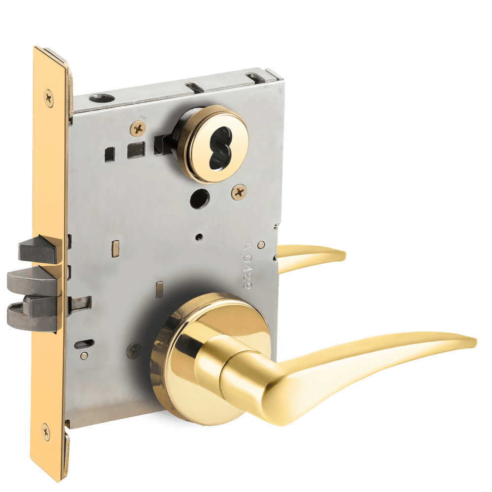 L9050B-12B-605-LH-RX Schlage L Series Entrance Commercial - Request to Exit Mortise Lock with 12 Cast Lever Design Prepped for SFIC in Bright Brass