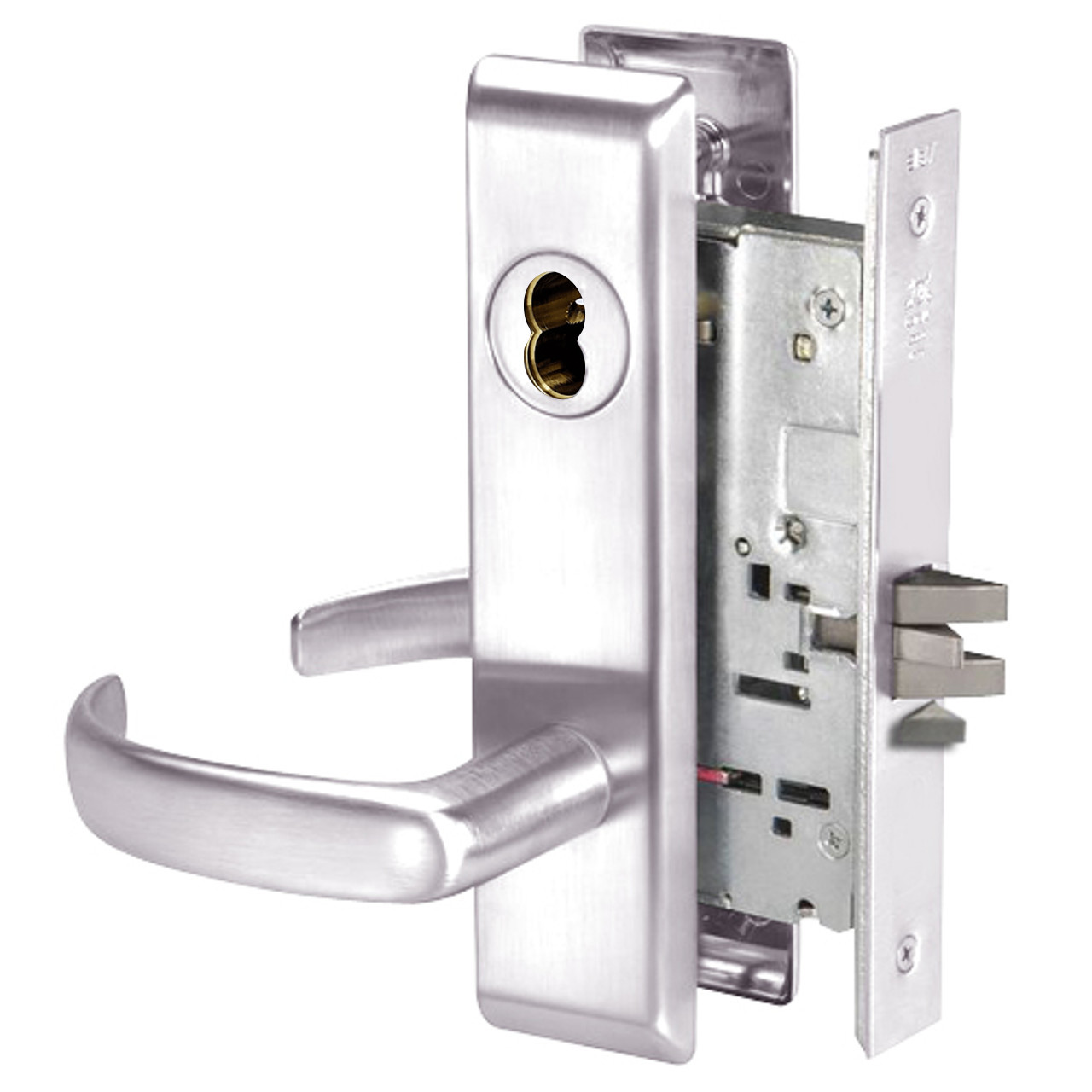 PBCN8823FL-629-SFICLC Yale 8800FL Series Single Cylinder with Deadbolt Mortise Storeroom Lock with Indicator with Pacific Beach Lever Lock Prepped SFIC in Bright Stainless Steel