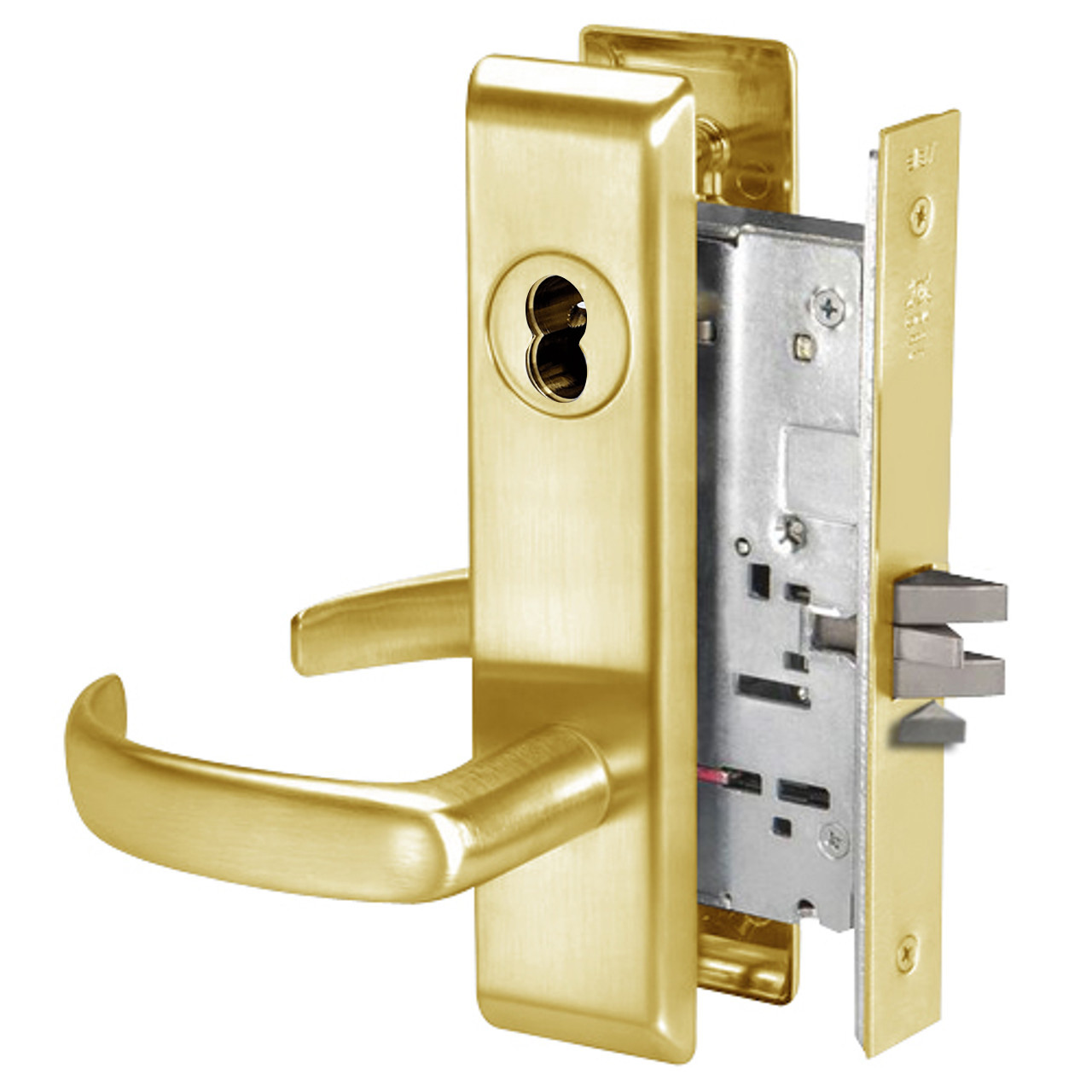 PBCN8867FL-605-SFICLC Yale 8800FL Series Single Cylinder with Deadbolt Mortise Dormitory or Exit Lock with Indicator with Pacific Beach Lever Lock Prepped SFIC in Bright Brass