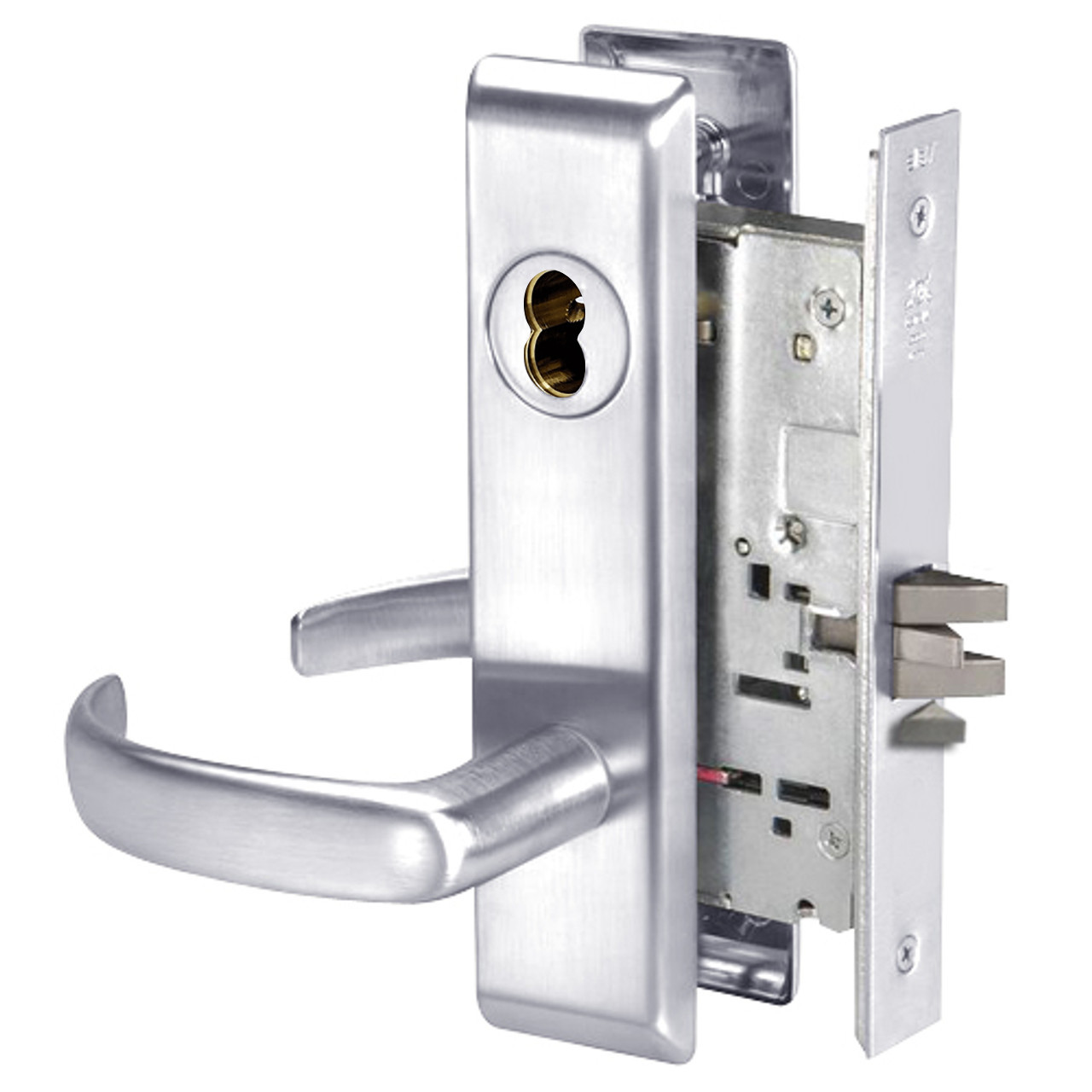 PBCN8867FL-625-SFICLC Yale 8800FL Series Single Cylinder with Deadbolt Mortise Dormitory or Exit Lock with Indicator with Pacific Beach Lever Lock Prepped SFIC in Bright Chrome