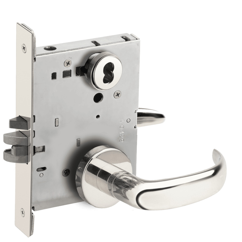 L9050B-17A-629-LX Schlage L Series Entrance Commercial - Latchbolt Monitor Mortise Lock with 17 Cast Lever Design Prepped for SFIC in Bright Stainless Steel