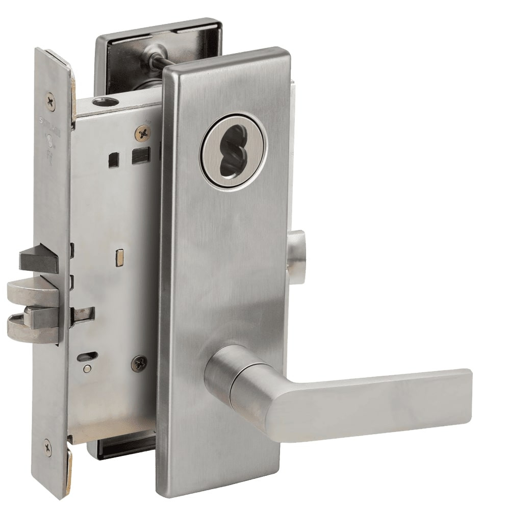 L9050B-01N-630-RX Schlage L Series Entrance Commercial - Request to Exit Mortise Lock with 01 Cast Lever Design Prepped for SFIC in Satin Stainless Steel