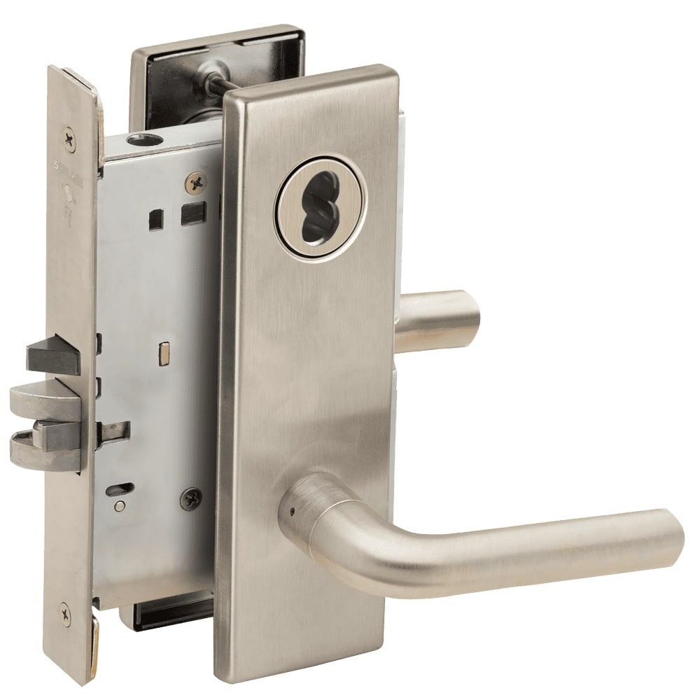 L9050B-02N-619-RX Schlage L Series Entrance Commercial - Request to Exit Mortise Lock with 02 Cast Lever Design Prepped for SFIC in Satin Nickel