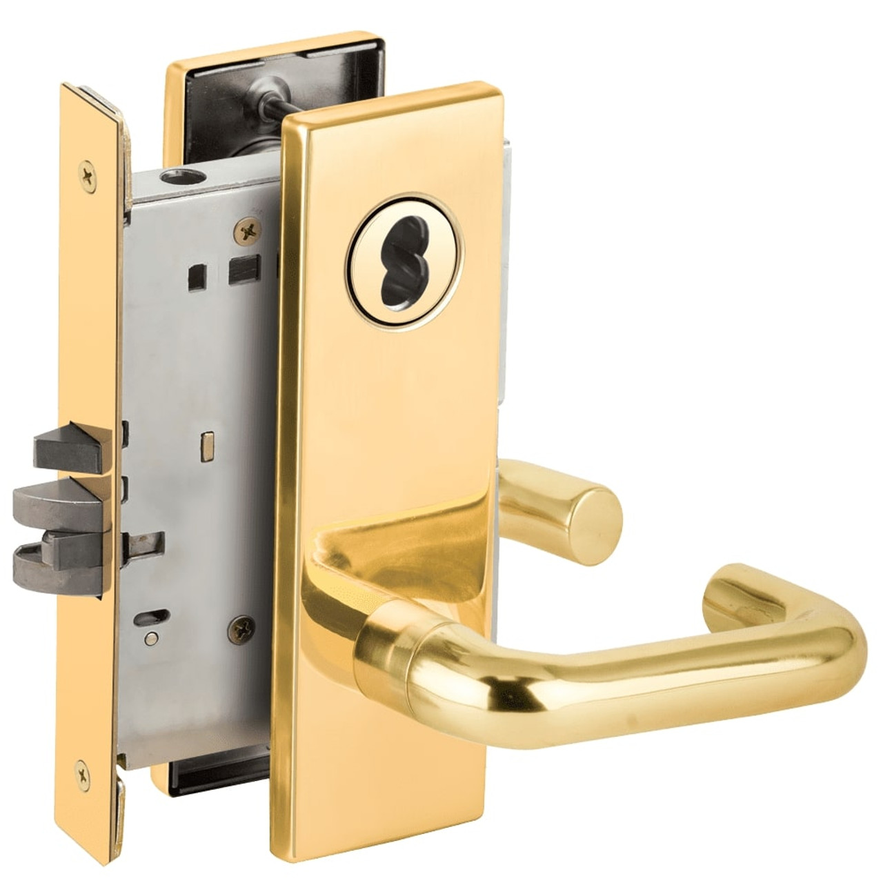 L9050B-03N-605-RX Schlage L Series Entrance Commercial - Request to Exit Mortise Lock with 03 Cast Lever Design Prepped for SFIC in Bright Brass