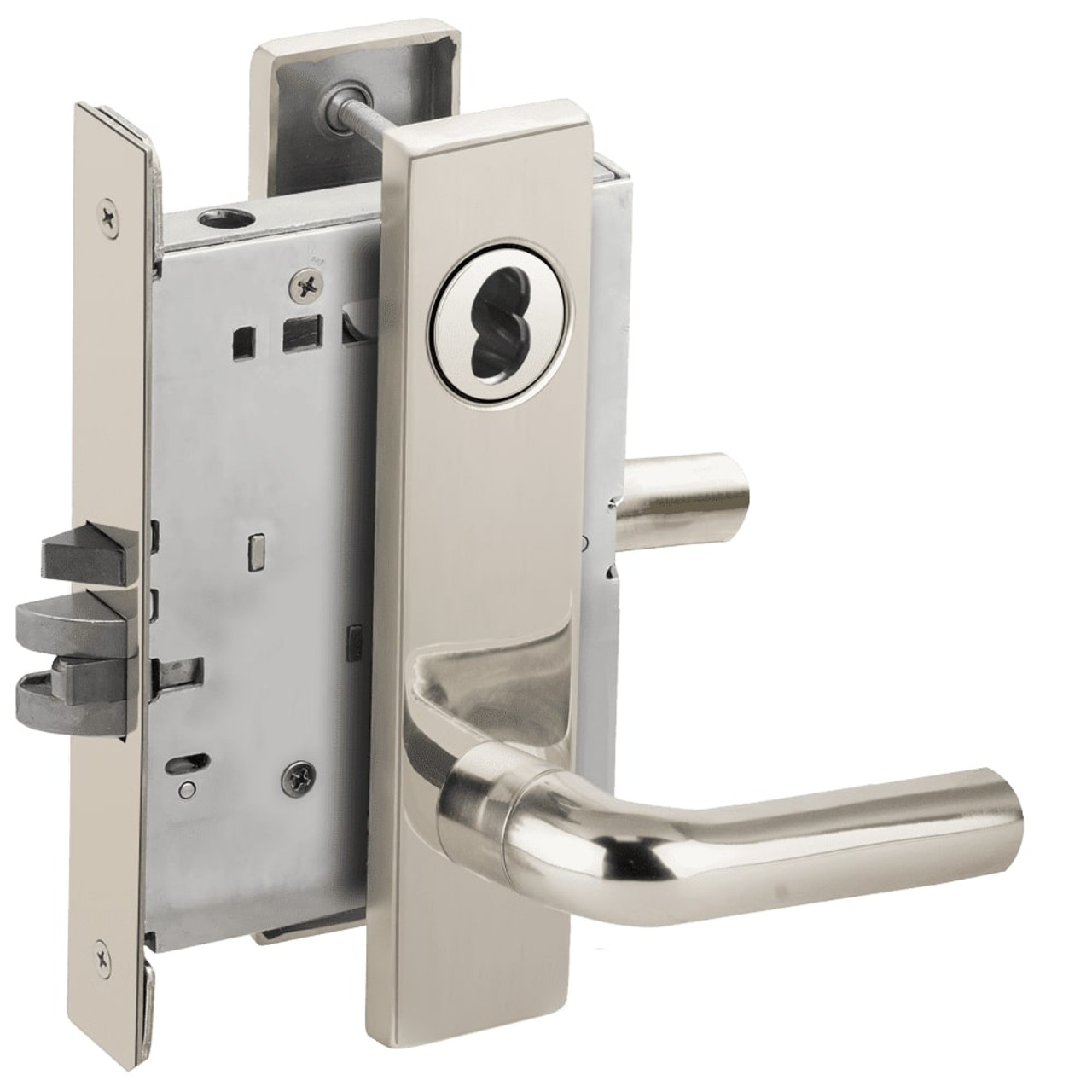 L9050B-02L-629-RX Schlage L Series Entrance Commercial - Request to Exit Mortise Lock with 02 Cast Lever Design Prepped for SFIC in Bright Stainless Steel
