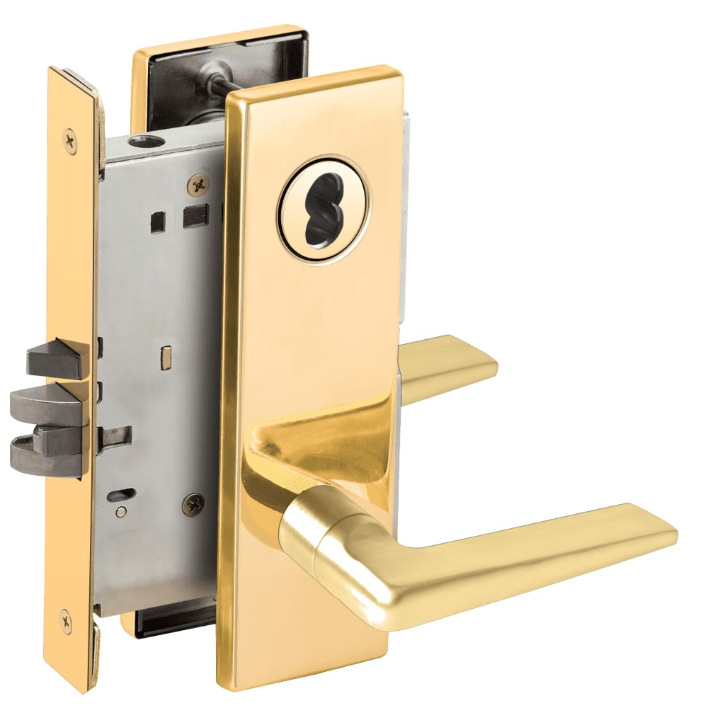 L9050B-05N-605-LX Schlage L Series Entrance Commercial - Latchbolt Monitor Mortise Lock with 05 Cast Lever Design Prepped for SFIC in Bright Brass