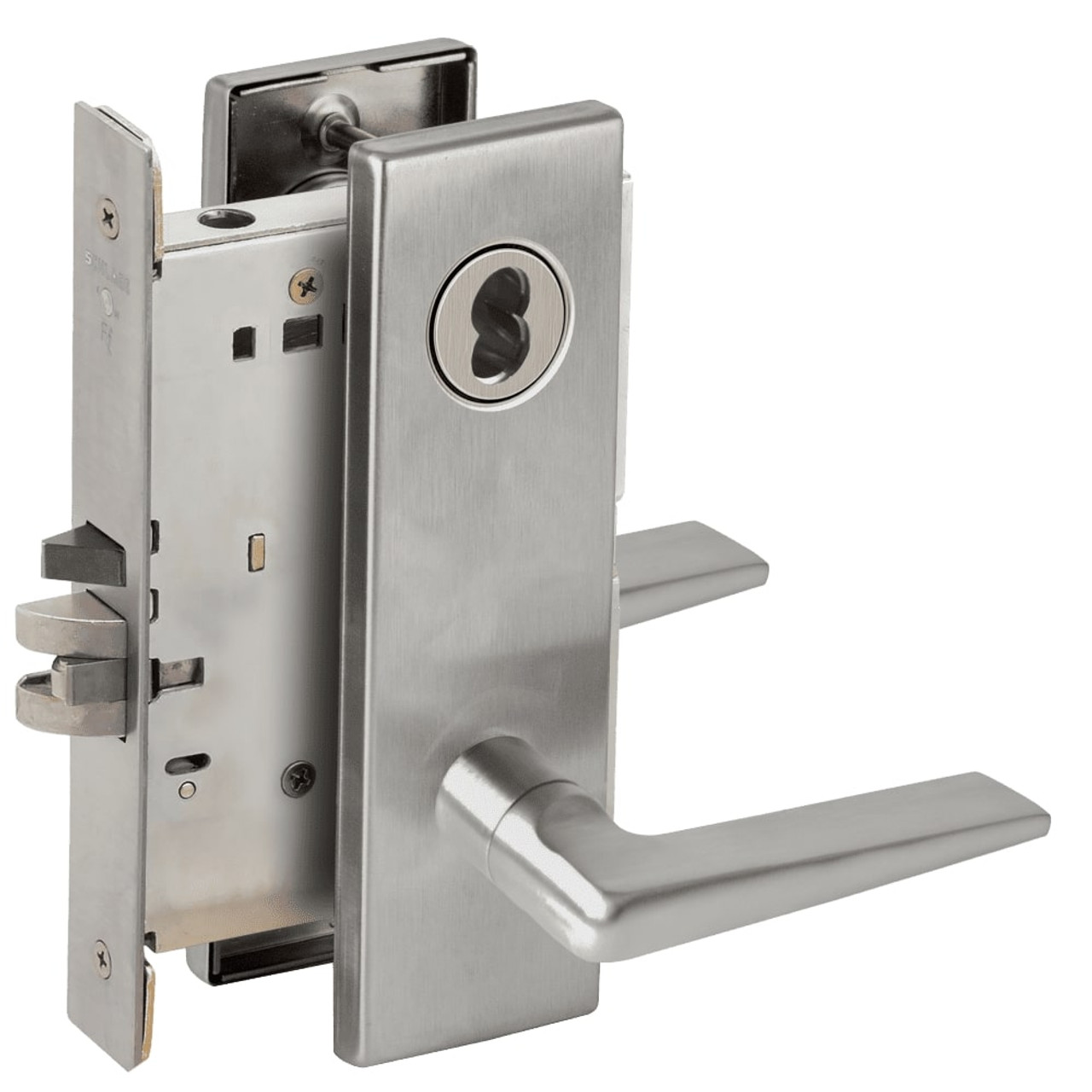 L9050B-05N-630-LX Schlage L Series Entrance Commercial - Latchbolt Monitor Mortise Lock with 05 Cast Lever Design Prepped for SFIC in Satin Stainless Steel