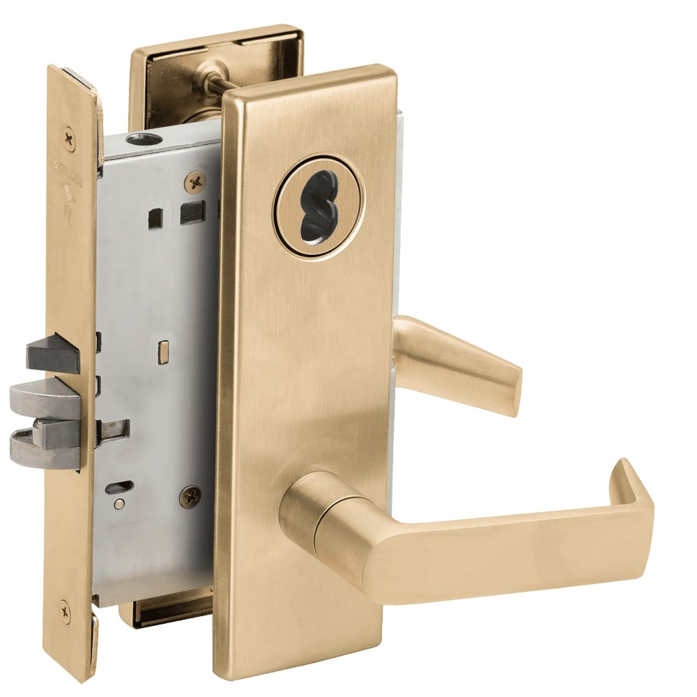 L9050B-06N-606-LX Schlage L Series Entrance Commercial - Latchbolt Monitor Mortise Lock with 06 Cast Lever Design Prepped for SFIC in Satin Brass