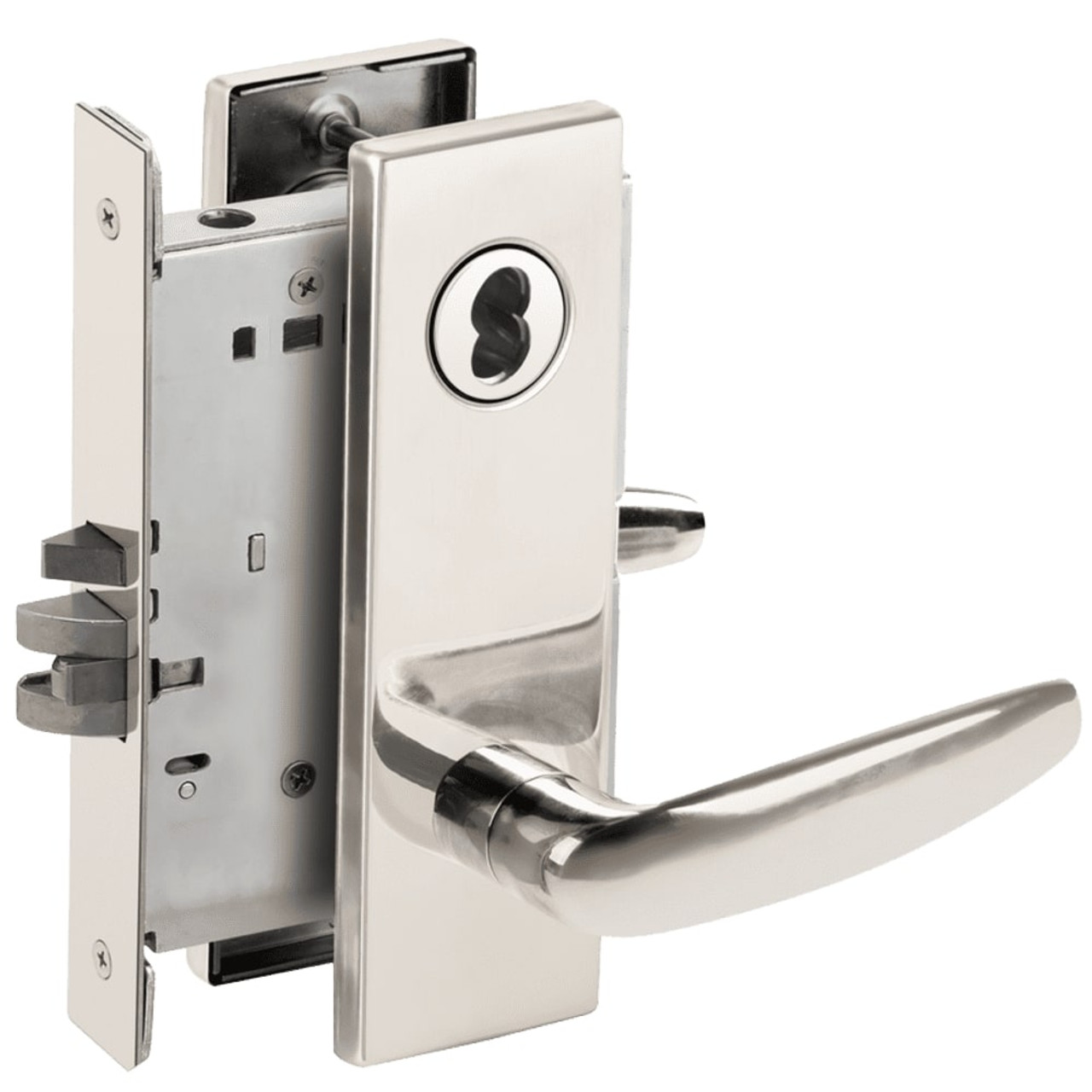 L9050B-07N-629-LX Schlage L Series Entrance Commercial - Latchbolt Monitor Mortise Lock with 07 Cast Lever Design Prepped for SFIC in Bright Stainless Steel