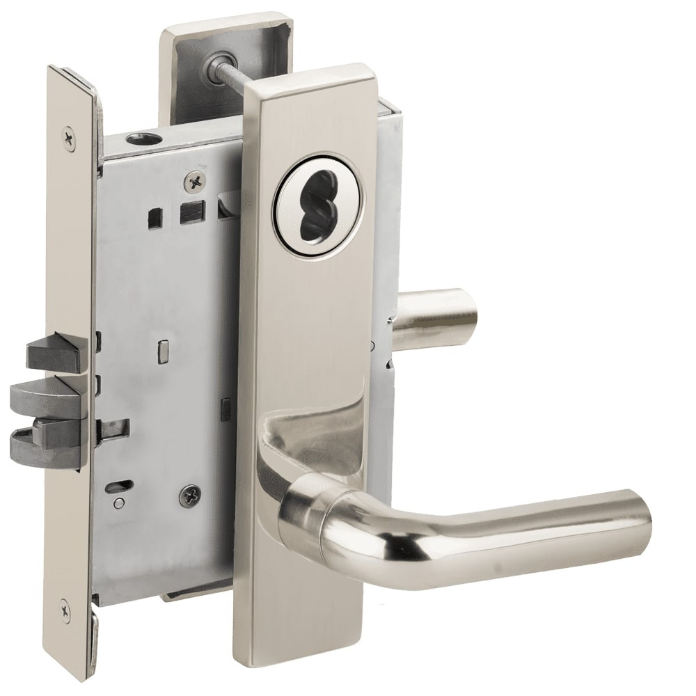L9050B-02L-629-LX Schlage L Series Entrance Commercial - Latchbolt Monitor Mortise Lock with 02 Cast Lever Design Prepped for SFIC in Bright Stainless Steel