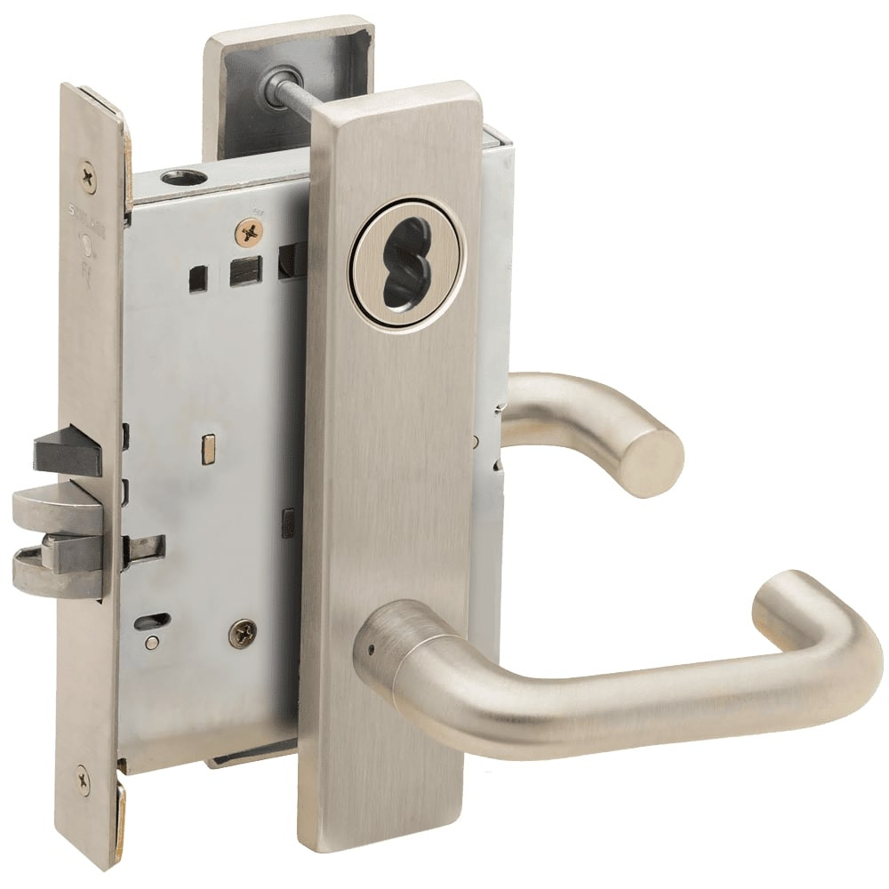 L9050B-03L-619-LX Schlage L Series Entrance Commercial - Latchbolt Monitor Mortise Lock with 03 Cast Lever Design Prepped for SFIC in Satin Nickel