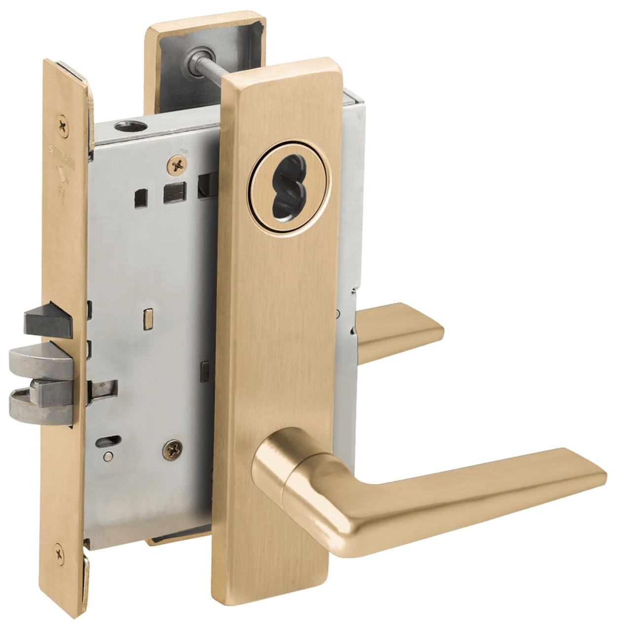 L9050B-05L-606-LX Schlage L Series Entrance Commercial - Latchbolt Monitor Mortise Lock with 05 Cast Lever Design Prepped for SFIC in Satin Brass