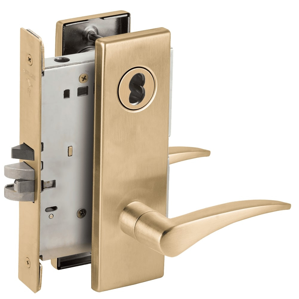 L9050J-12N-606-RX-RH Schlage L Series Entrance Commercial - Request to Exit Mortise Lock with 12 Cast Lever Design Prepped for FSIC in Satin Brass