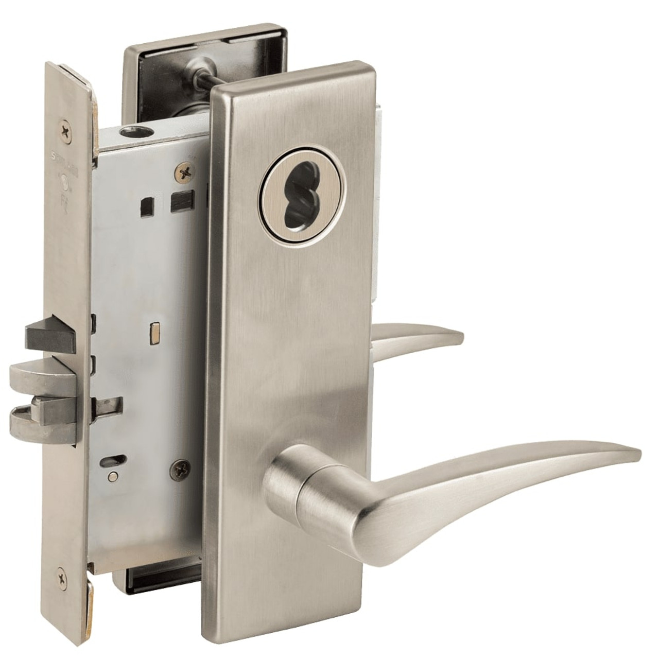 L9050J-12N-619-RX-RH Schlage L Series Entrance Commercial - Request to Exit Mortise Lock with 12 Cast Lever Design Prepped for FSIC in Satin Nickel