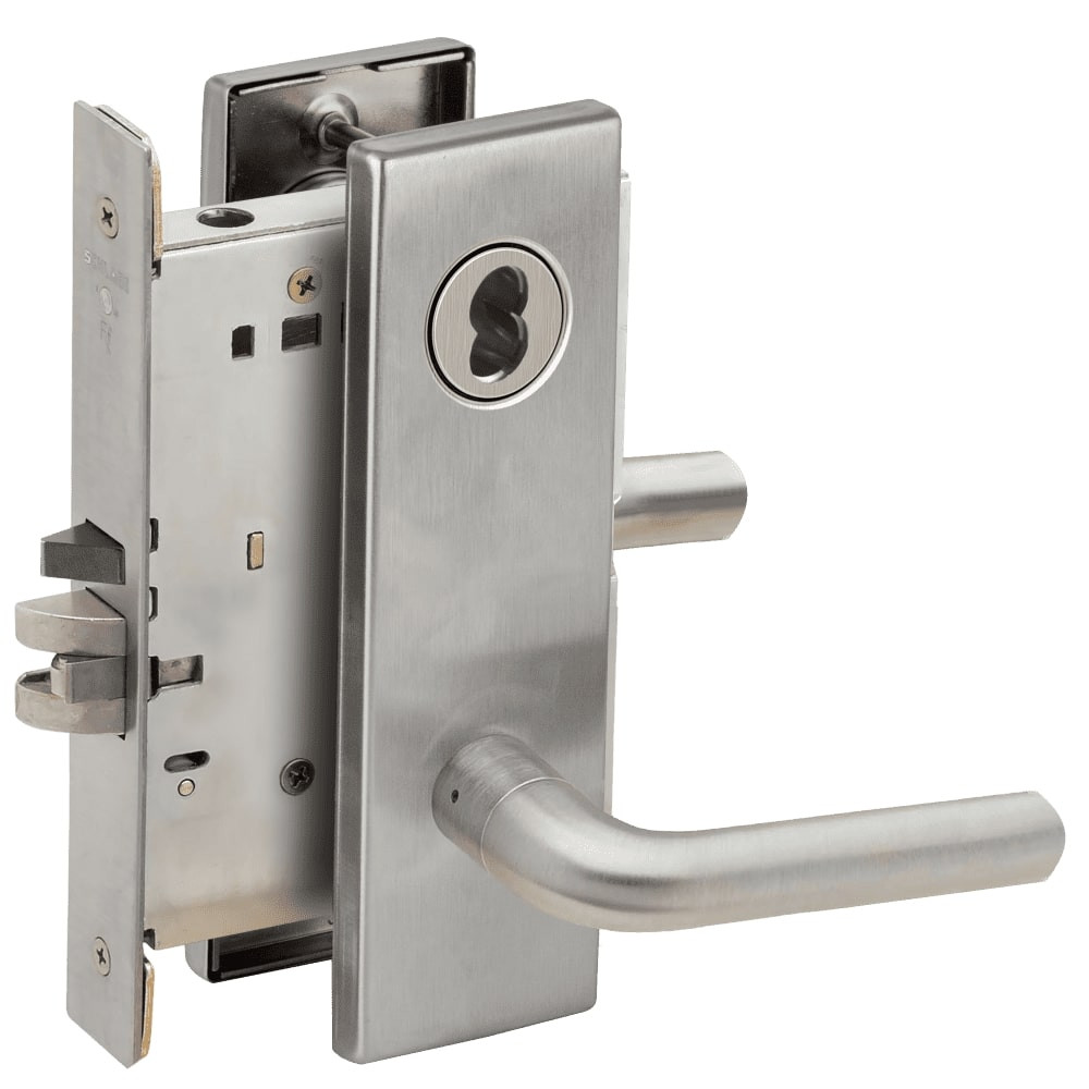 L9050J-02N-630-LX Schlage L Series Entrance Commercial - Latchbolt Monitor Mortise Lock with 02 Cast Lever Design Prepped for FSIC in Satin Stainless Steel