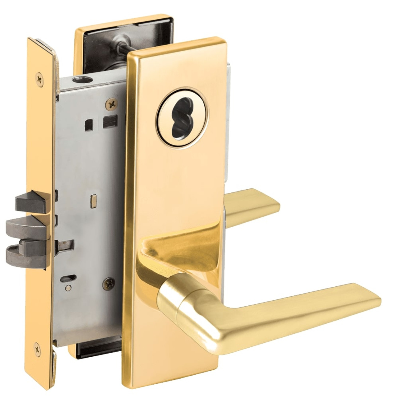 L9050J-05N-605-LX Schlage L Series Entrance Commercial - Latchbolt Monitor Mortise Lock with 05 Cast Lever Design Prepped for FSIC in Bright Brass