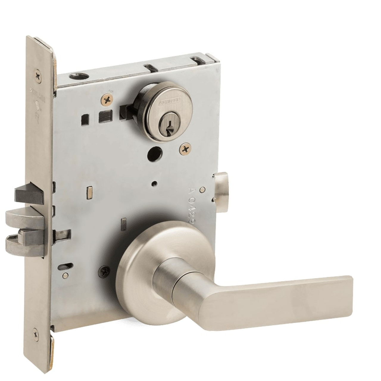 L9080P-01B-619-RX Schlage L Series Storeroom Commercial - Request to Exit Mortise Lock with 01 Cast Lever Design in Satin Nickel